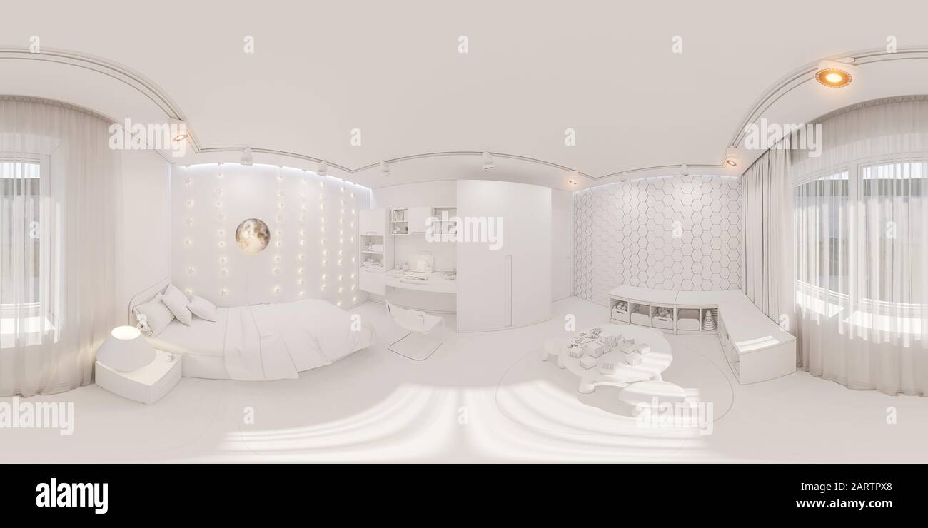 3D render sphärischer 360 Grad, nahtloses Panorama des Kinderzimmers in weißer Farbe. Visualisierung des Konzepts der Inneneinrichtung Kinderzimmer Stockfoto