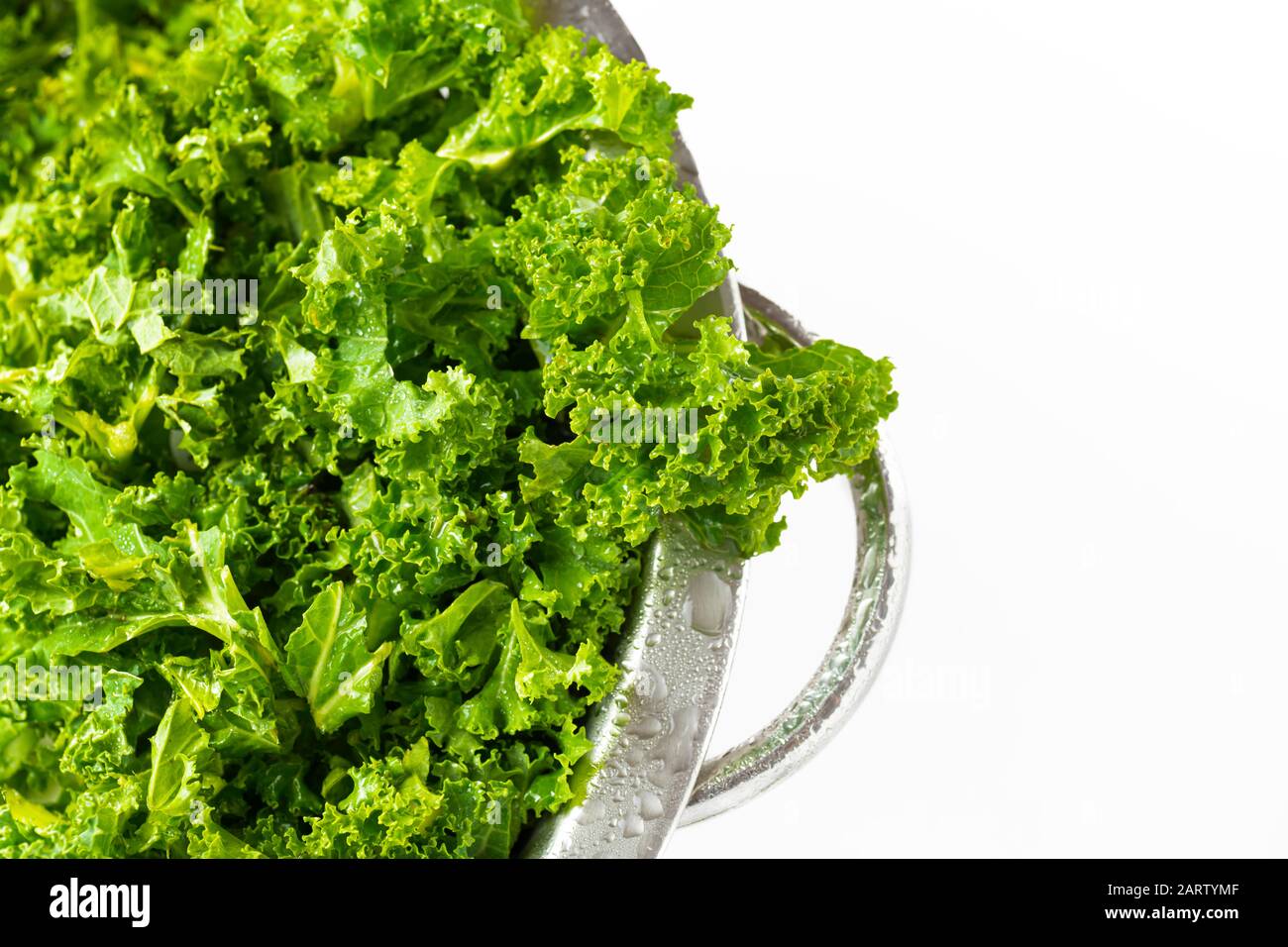 Frisch gewaschene grüne organische Kale mit Wassertropfen isoliert auf weißem Hintergrund Stockfoto