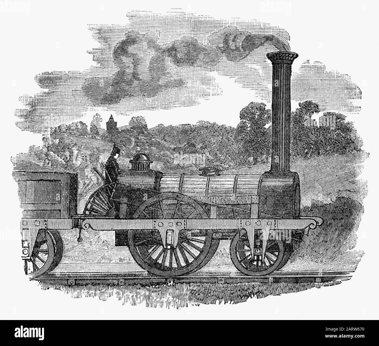Ein Personenmotor (oder eine Lok) auf der Liverpool and Manchester Railway (L&M), der ersten öffentlichen, von George Stephenson (1781-1848) gebauten Überlandbahnstrecke der Welt, die die im Jahr 1830 eröffnete Liverpool and Manchester Railway zum Einsatz von Lokomotiven einsetzte. Stockfoto