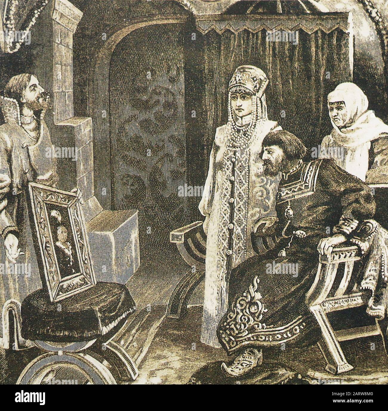 Botschafter Iwan Fryazin stellt Großfürst Iwan III. Wassilyewitsch ein Porträt von Sophia Paleolog vor. Gemälde von Victor Mougel, 19. Jahrhundert. Stockfoto