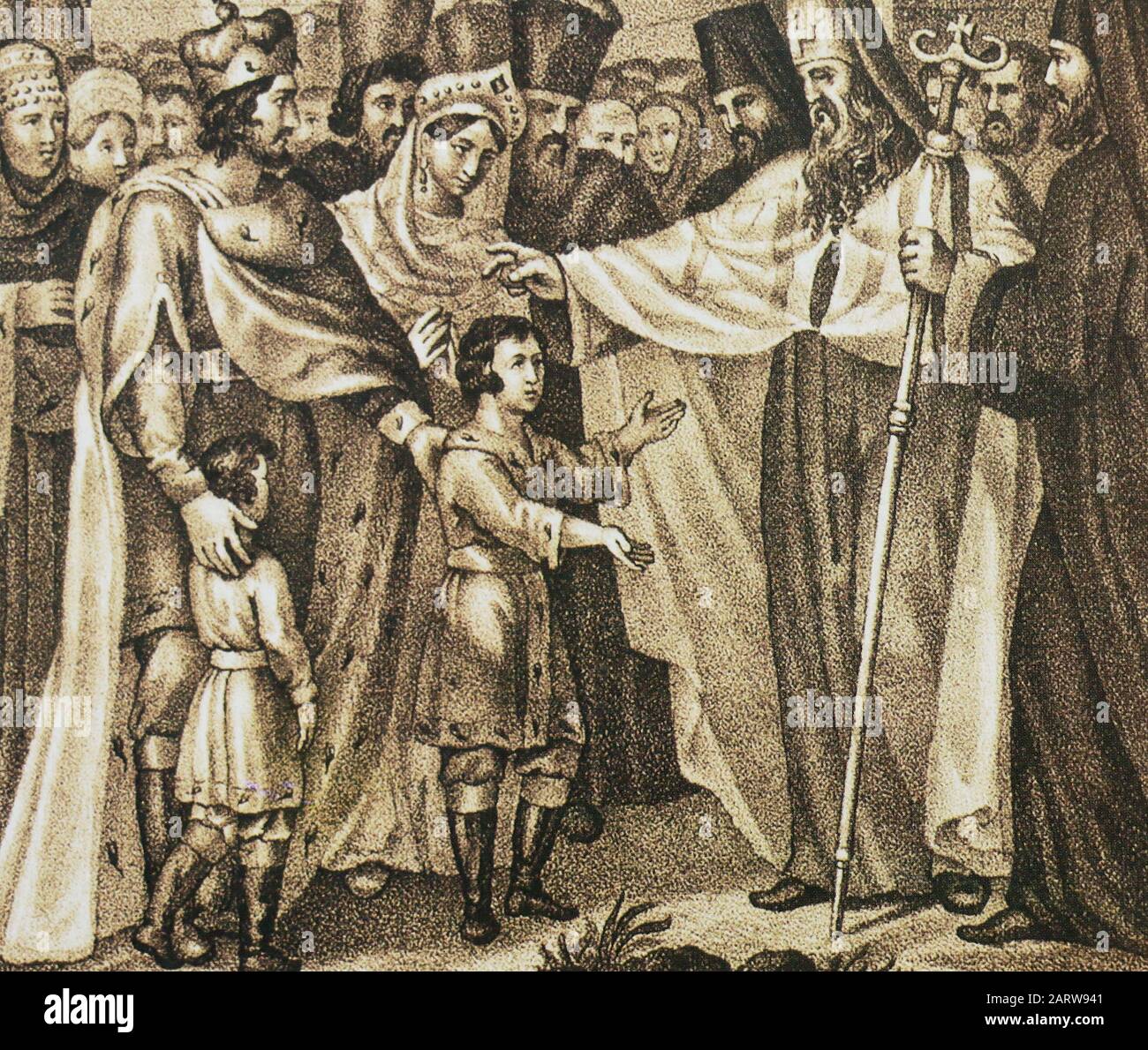 Großfürst Iwan III. Mit seinen Söhnen grüßt den aus der Horde zurückkehrenden Metropolitan Alexy. Gemälde von I. Mochilov, 19. Jahrhundert. Stockfoto