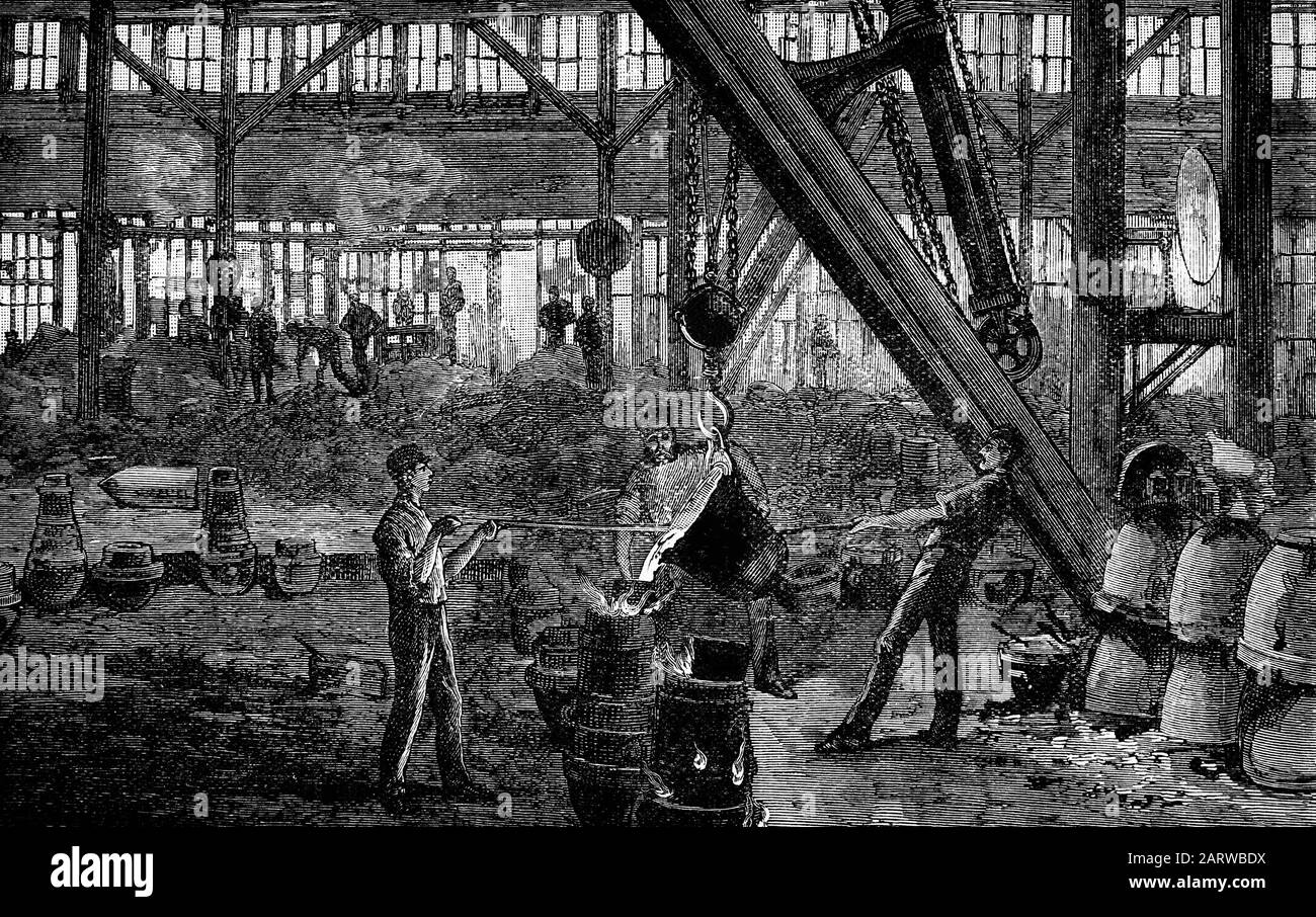 Casting Shot and Shells in the Armstrong Whitworth, Elswick Works, Manufacturing Concern on Tyneside, gegründet im Jahr 1847 von Ingenieur William George Armstrong (1810- 1900), einem englischen Ingenieur und industriellen. Sie stellte hydraulische Maschinen, Kräne und Brücken und später auch Artillerie her. Stockfoto