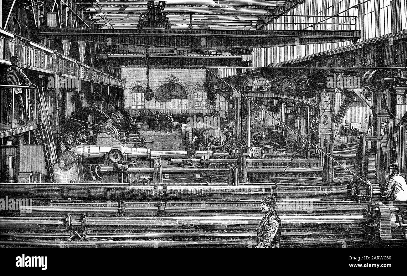 Die langweiligen und drehenden Geschäfte in den Werken von Armstrong Whitworth, Elswick und die Fertigung von Tyneside, die im Jahr 1847 von dem Ingenieur William George Armstrong (1810- 1900), einem englischen Ingenieur und industriellen, gegründet wurden. Sie stellte hydraulische Maschinen, Kräne und Brücken und später auch Artillerie her. Stockfoto