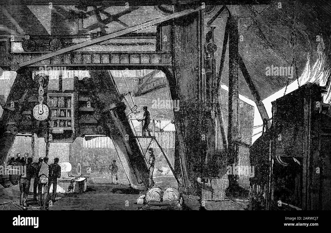 Der große Hammer, ein 30-Tonnen-Dampfhammer für schwere Schmiedearbeiten in den Werken von Armstrong Whitworth, Elswick, Produktionsbetrieb auf Tyneside, gegründet im Jahr 1847 von Ingenieur William George Armstrong (1810- 1900), einem englischen Ingenieur und industriellen. Sie stellte hydraulische Maschinen, Kräne und Brücken und später auch Artillerie her. Stockfoto