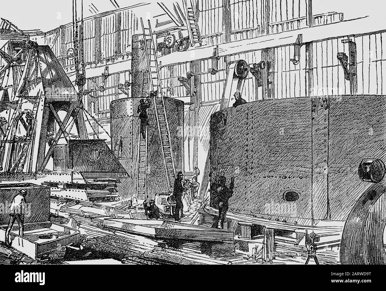 Herstellung von Waffentürmchen für das Schlachtschiff "HMS Victoria Royal Navy" im Jahr 1893 in der Firma "Armstrong Whitworth, Elswick Works", Produktionsbedenken für Tyneside, gegründet im Jahr 1847 von dem Ingenieur William George Armstrong (1810- 1900), einem englischen Ingenieur und industriellen. Stockfoto