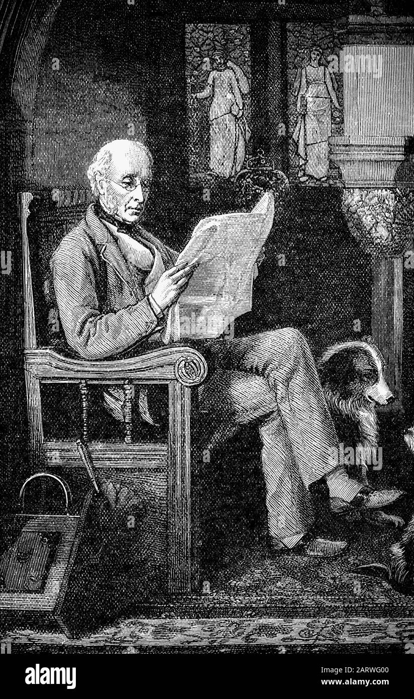 William George Armstrong (1810- 1900) Besitzer des Armstrong-Whitworth, Elswick arbeitet auf Tyneside in seinem Haus in Cragside, in der Nähe von Rothbury in Northumberland, England. Das Anwesen mit 1.729 Morgen hatte fünf künstliche Seen, die zur Erzeugung von Wasserkraft verwendet wurden, und das Haus war das erste der Welt, das durch Wasserkraft angezündet wurde, und verwendete Glühlampen, die vom Erfinder Joseph Swan bereitgestellt wurden. Stockfoto