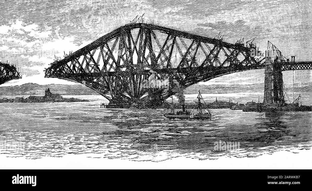 Bau der Forth Rail Bridge, einer Cantilever Eisenbahnbrücke über den Firth of Forth im Osten Schottlands. Es wurde von den englischen Ingenieuren Sir John Fowler und Sir Benjamin Baker entworfen. Der Bau begann 1882 und wurde am 4. März 1890 vom Herzog von Rothesay, dem zukünftigen Edward VII., eröffnet Die Brücke überspannt den Forth zwischen den Dörfern South Queensferry und North Queensferry und hat eine Gesamtlänge von 2.467 m. Stockfoto