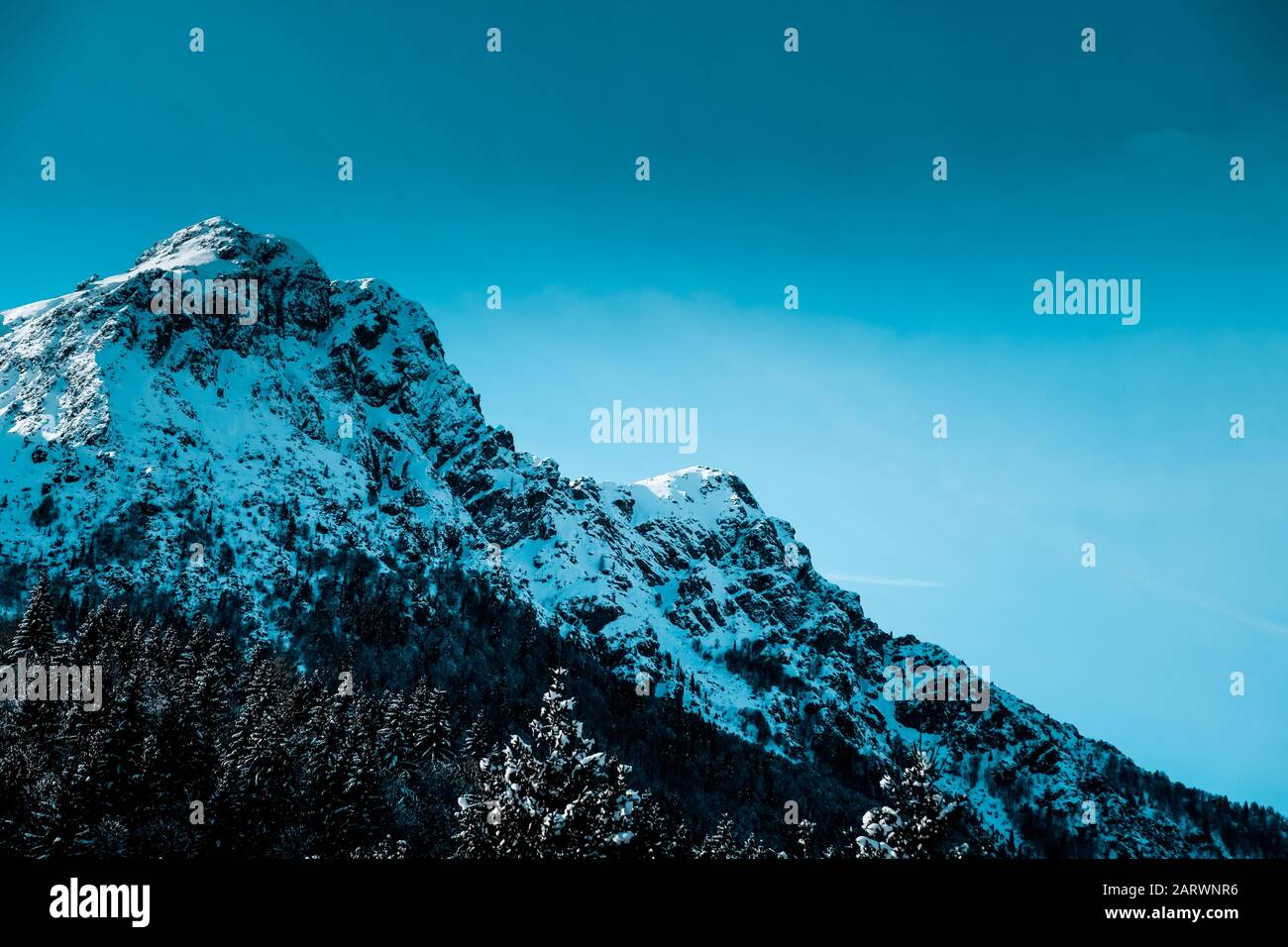 Panorama-Aufnahme von schneebedeckten zerklüfteten Berggipfel mit alpinen Bäume am Fuße des Berges Stockfoto