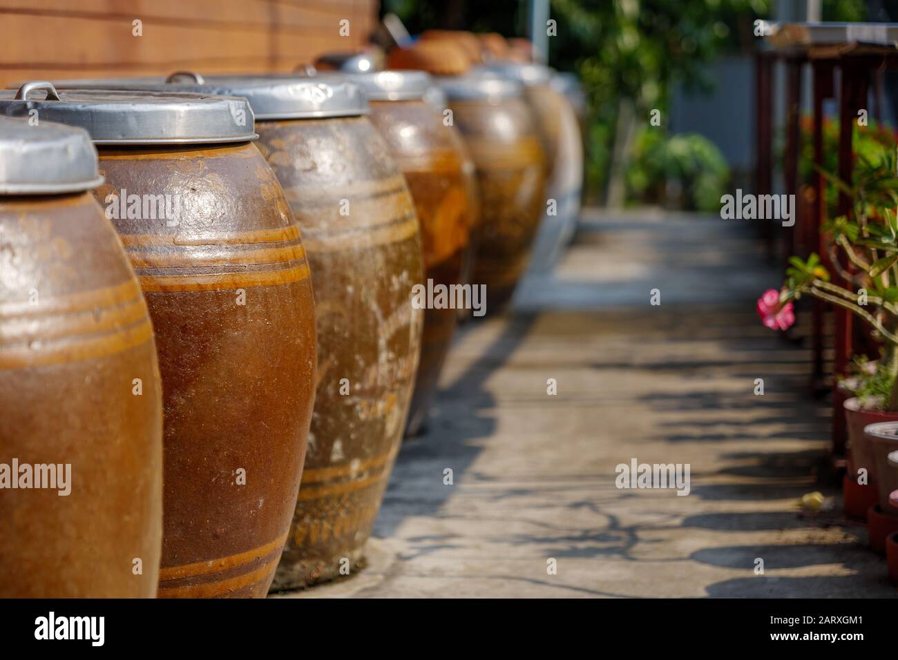 Wassergefäße Im Thailändischen Stil. Reihe von südostasiatischen alten groben polnischen Ton-GroSsgefäßen neben dem Haus in der Landschaft Thailands. Stockfoto
