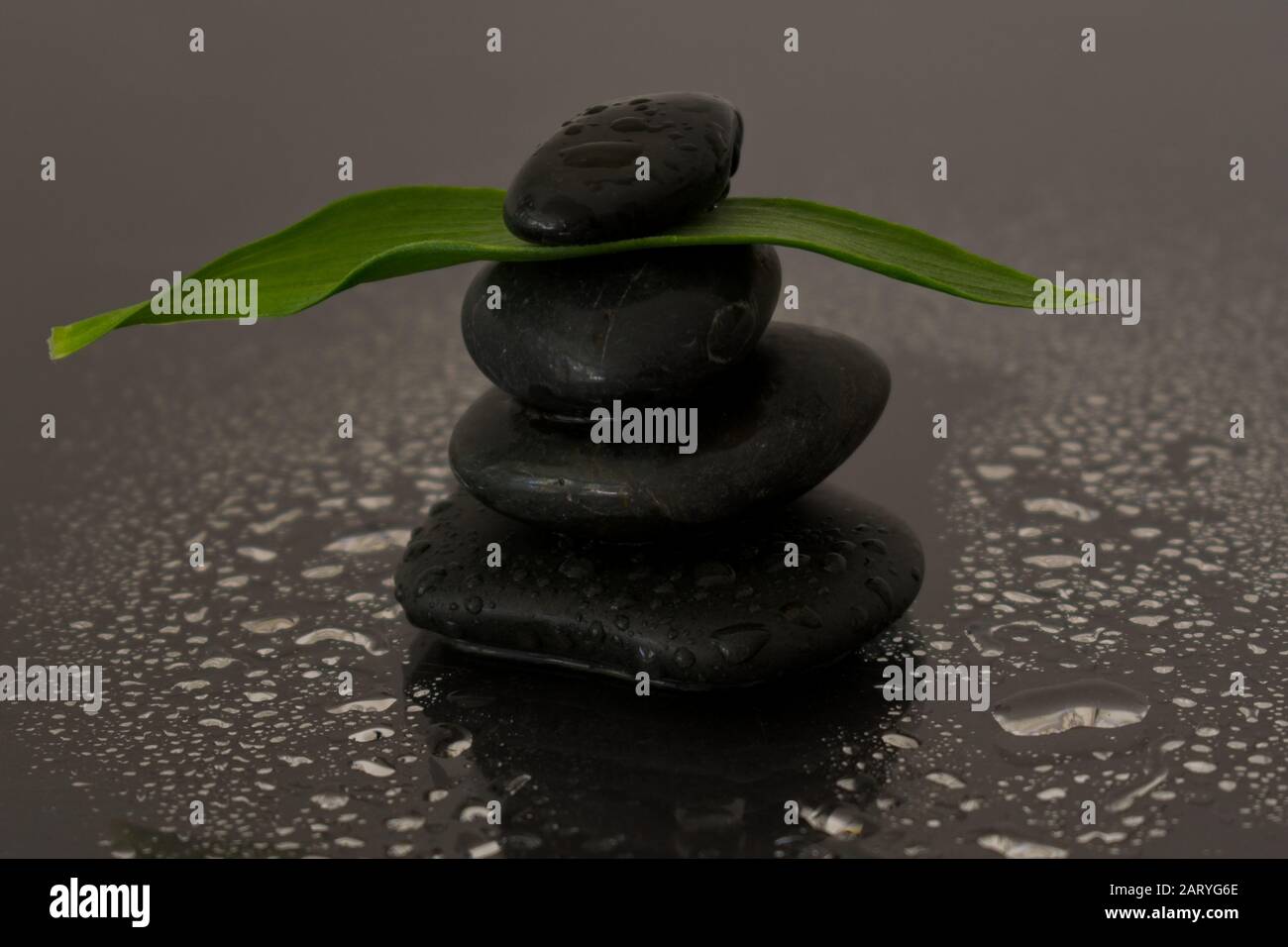 Zen Steine halten grünes Blatt. Stockfoto