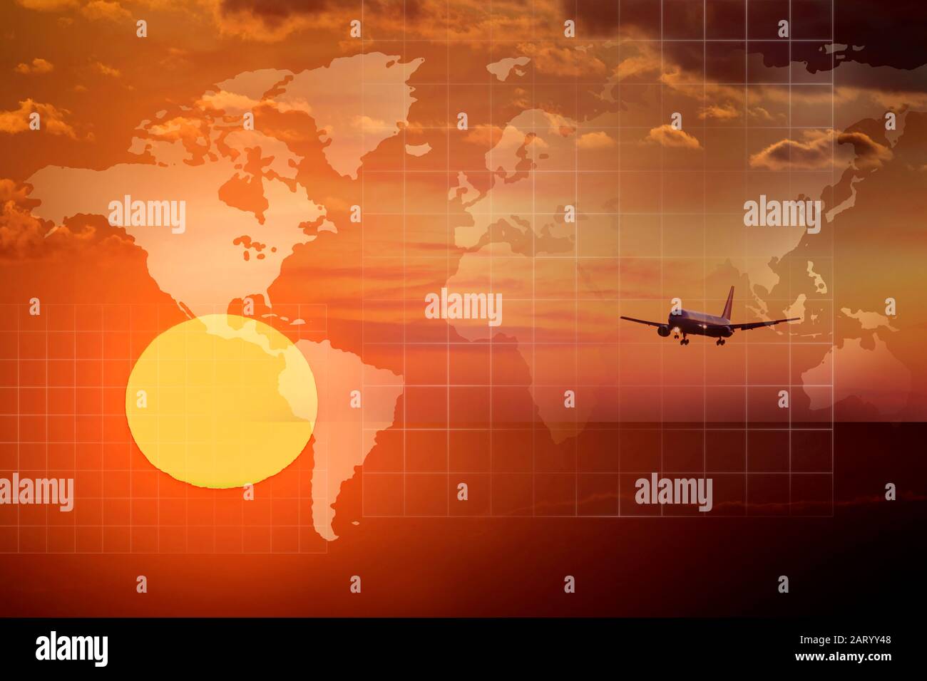 Doppelbelichtung des Flugzeugs, das in Himmel und Weltkarte fliegt Stockfoto