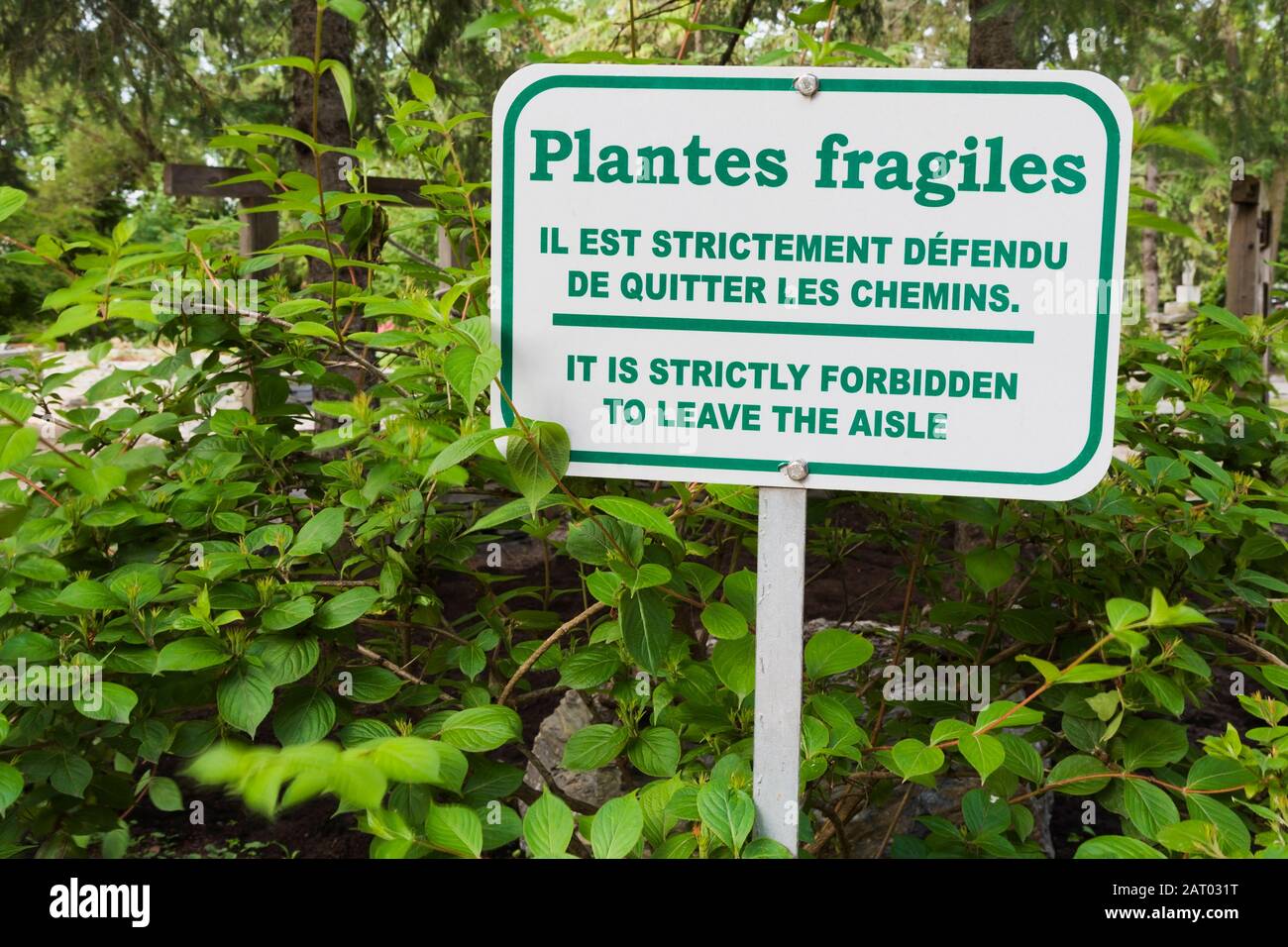 Grün beschriftet auf weißem Hintergrund zweisprachig Französisch und Englisch fragile Pflanzen warnen Metall-Wegweiser in der Grenze neben Pfad Stockfoto