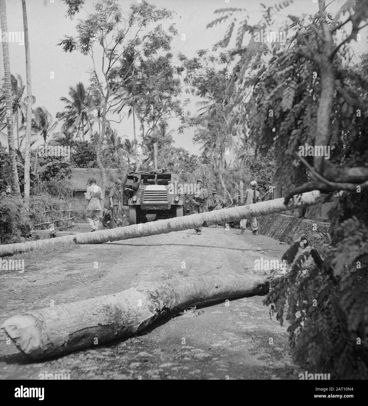 Advances A-Division [ein gepanzertes Auto namens "Den Haag" steht stylop auf einer Art und Weise. Im Vordergrund ein gehackter Baum] Anmerkung: Malang-Sektor Datum: 21. Dezember 1948 Ort: Indonesien, Niederländische Ostindien Stockfoto