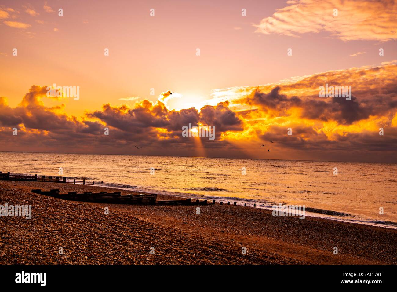 Golden Dawn an der Küste von Sussex Stockfoto