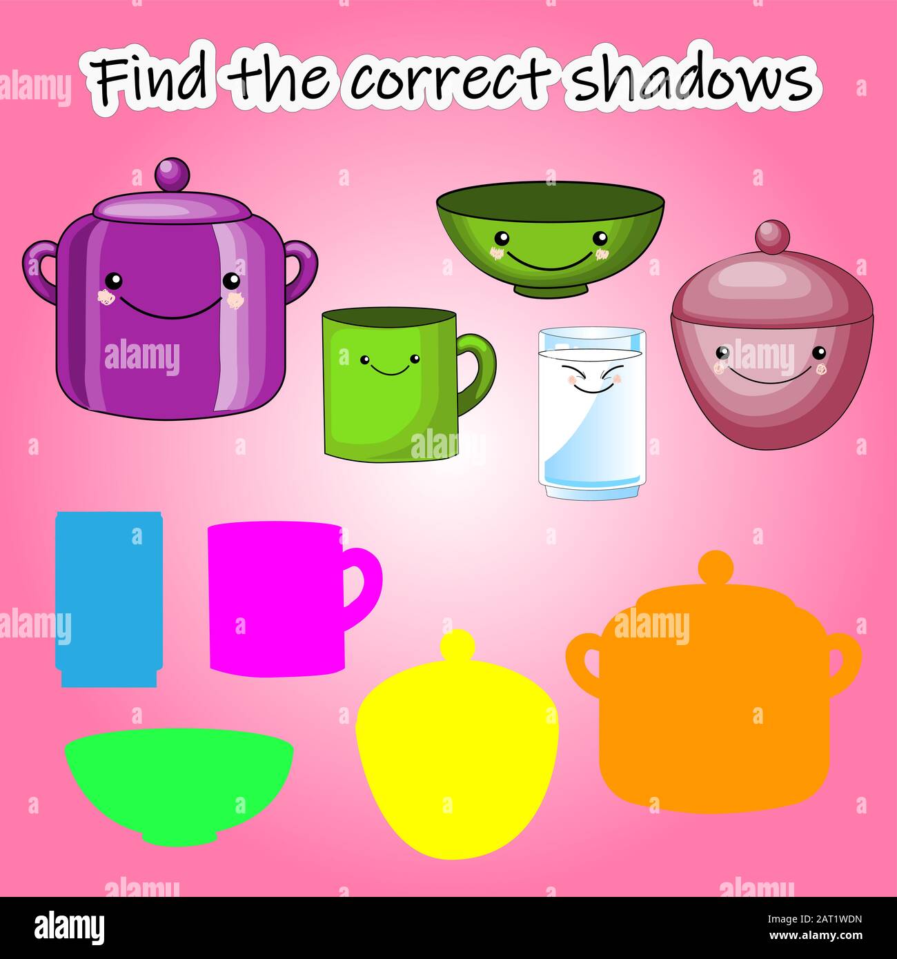 Lernspiel der Kinder, finden Sie die richtige Schattensilhouette. Küche, richten Sie das Spiel ein, um den richtigen Schatten zu finden. Vektorgrafiken. Stock Vektor