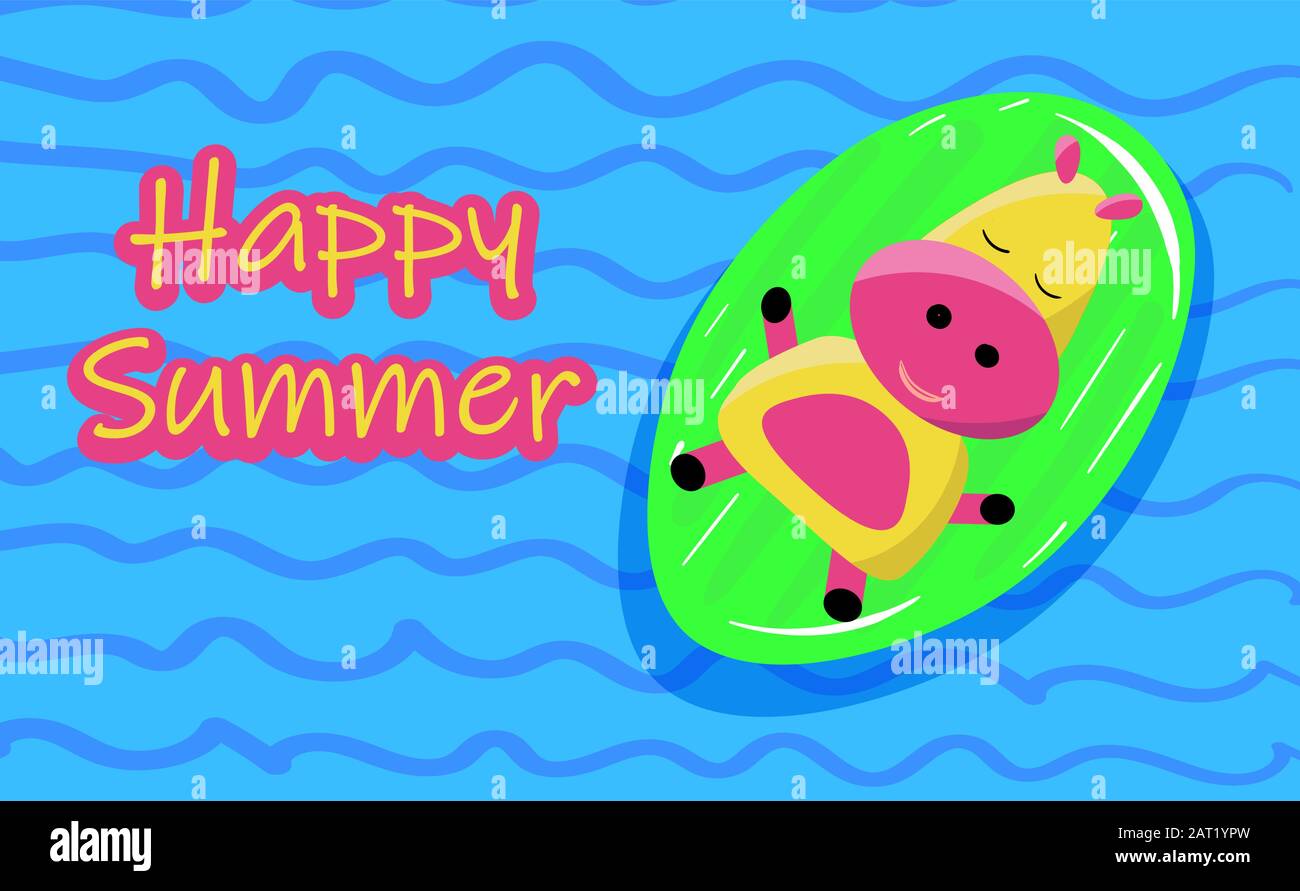 Süßes Nilpferd auf einer aufblasbaren Matratze im Pool. Hallo Sommer Party Poster. Stock Vektor