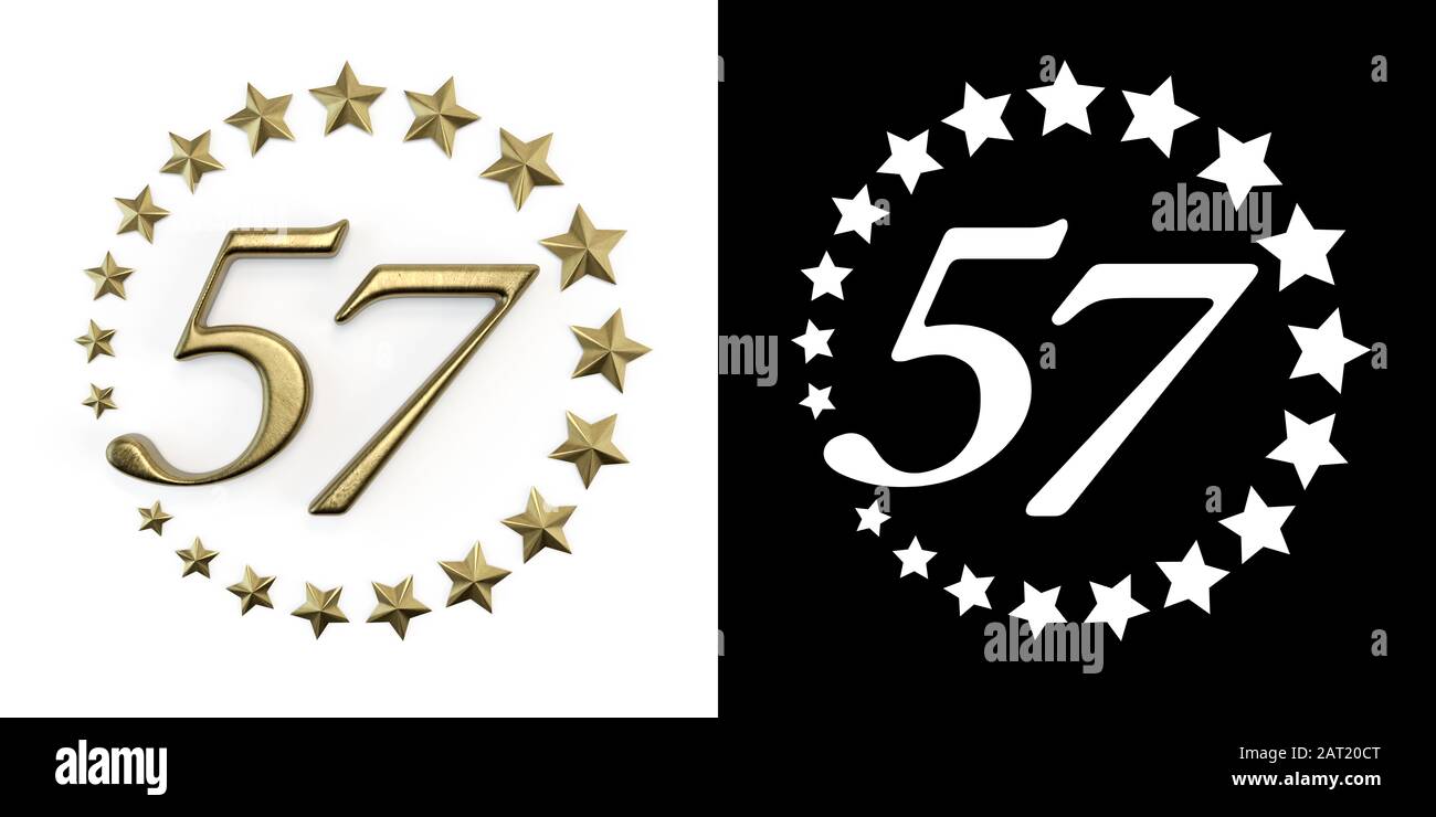 Nummer 57 (Nummer 57) Jubiläumsdesign mit einem Kreis goldener Sterne auf weißem Hintergrund mit Schatten und Alphakanal. 3D il Stockfoto