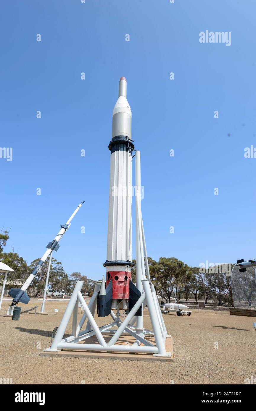 Die Black-Knight-Rakete war ein Fahrzeug, das für einen schnellen Wiedereintritt verschiedener Köpfe ausgelegt war. 1958 Getestet. Woomera Heritage Center, South Australia, Stockfoto