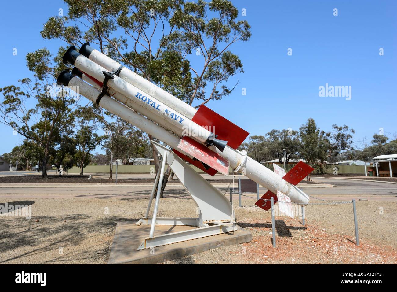 Seaslug Royal Navy Rakete wird außerhalb des Woomera Heritage Center, South Australia, SA, Australien ausgestellt Stockfoto