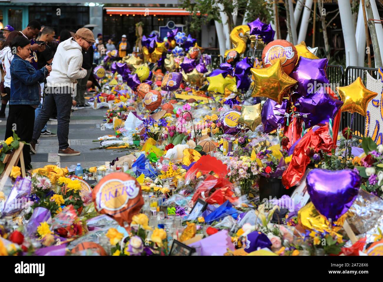 Los Angeles, Kalifornien, USA. Januar 2020. Trauernde versammeln sich in der Nähe des Staples Centers, um Kobe Bryant am 29. Januar 2020 in Los Angeles, Kalifornien, den Vereinigten Staaten, Respekt zu zollen. Der pensionierte NBA-Star Kobe Bryant war einer von neun Menschen, die bei einem Hubschrauberabsturz inmitten eines nebligen Zustandes in den Hügeln oberhalb von Calabasas, Südkalifornien, am 26. Januar 2020 getötet wurden. Kredit: Li Ying/Xinhua/Alamy Live News Stockfoto