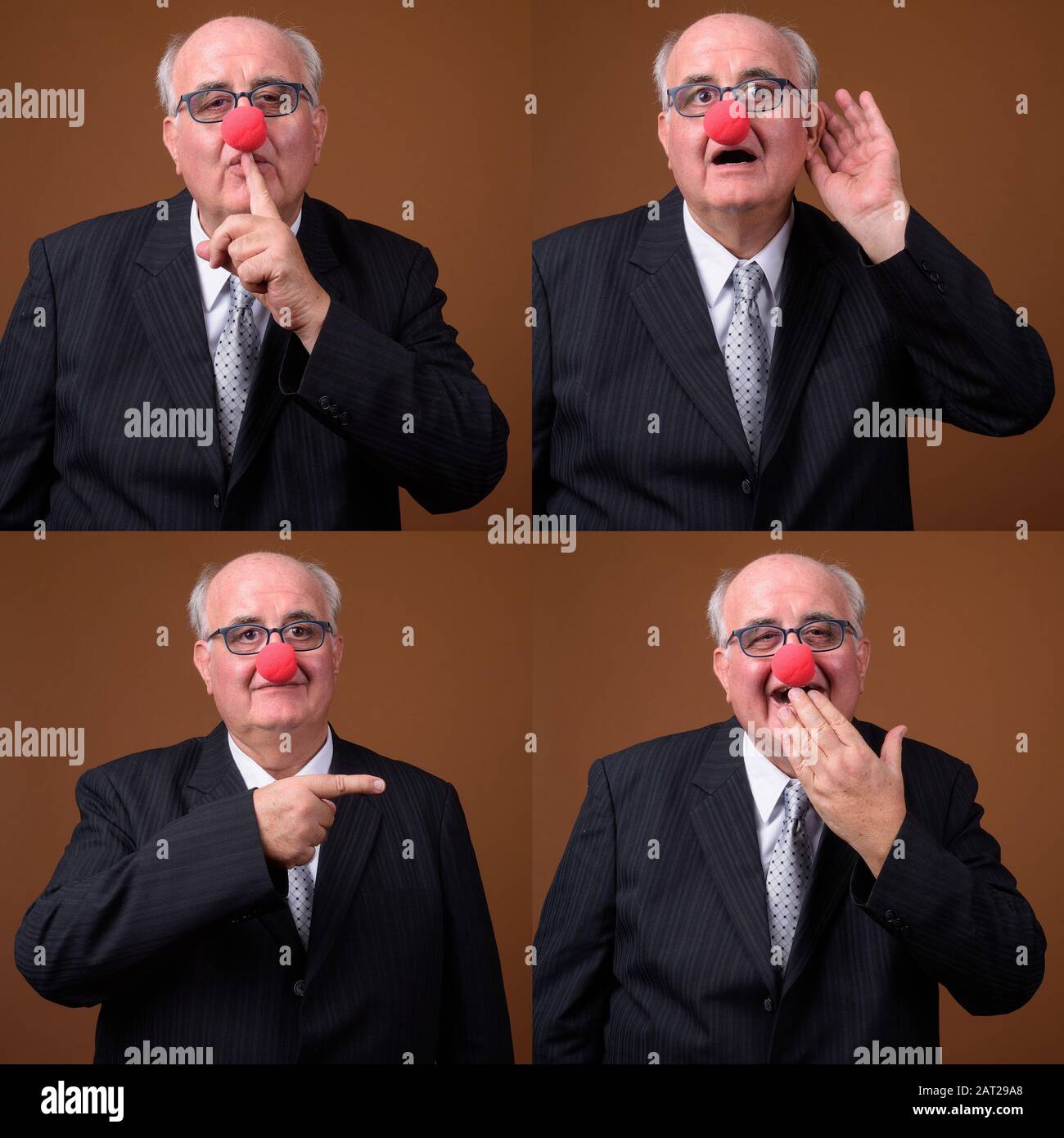 Collage des übergewichtigen Senioren-Geschäftsmannes als Clown, der boshaft ist Stockfoto