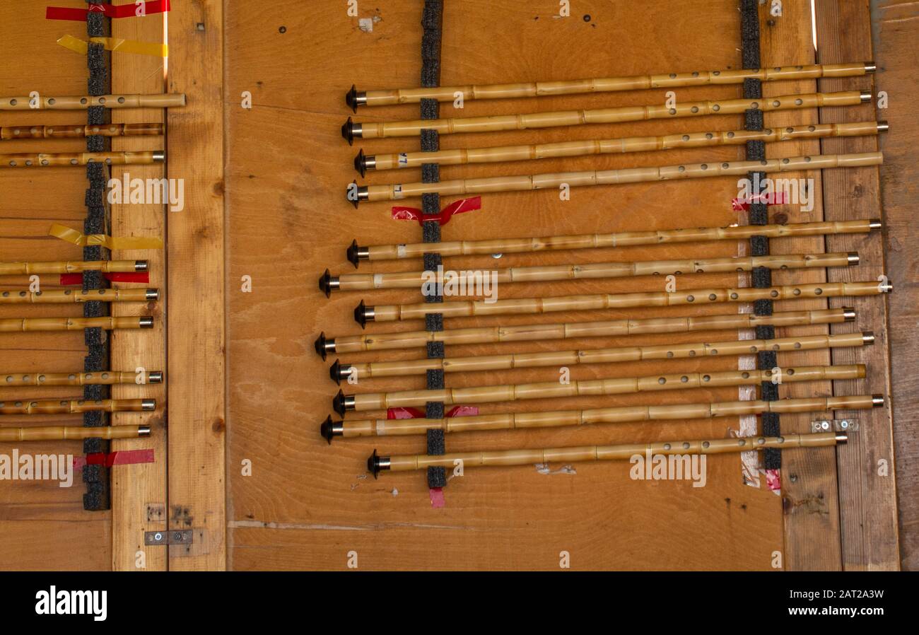 Handgefertigte Bambus schrille Pfeifen in der Ansicht Stockfoto