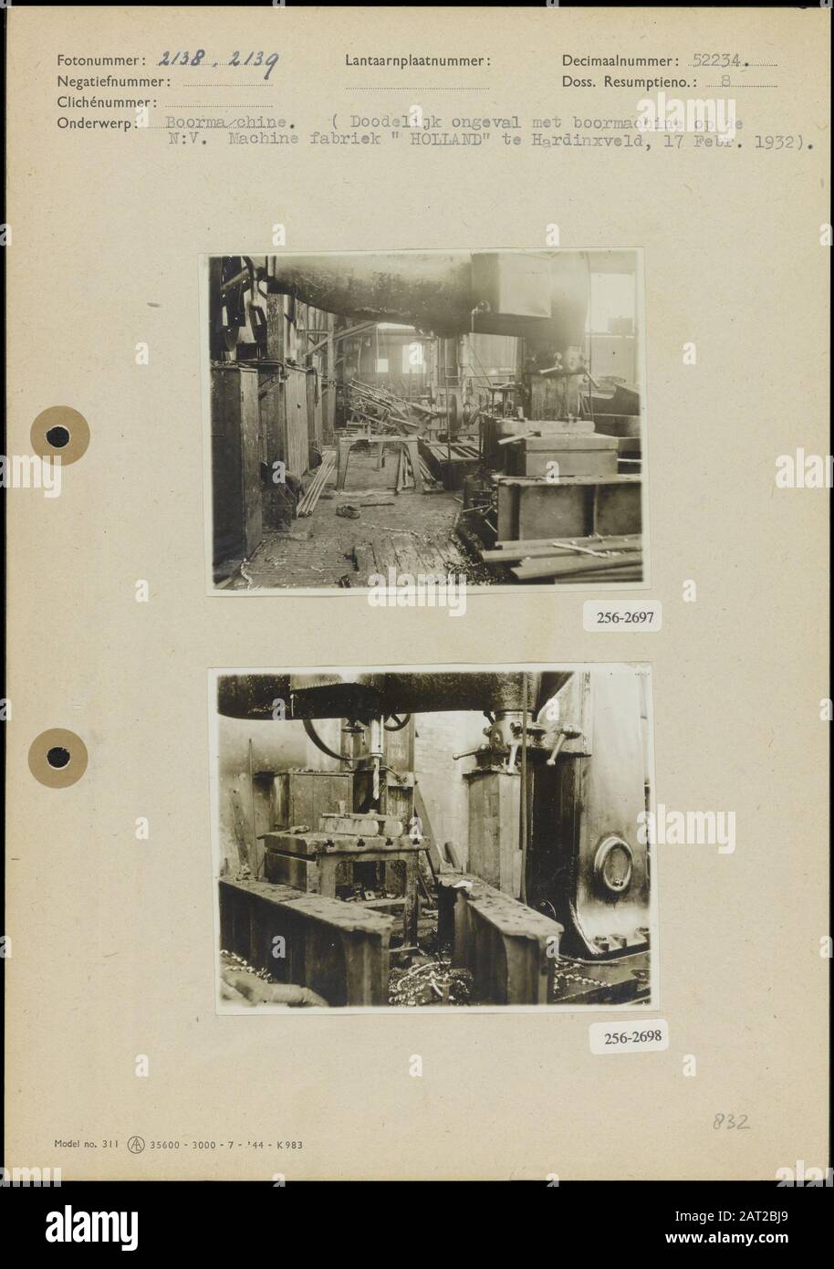 Foto 1: Tödlicher Unfall mit Bohrmaschine im NV Machinefabriek Holland in  Hardinxveld am 17. Februar 1932 (8,5 x 11 cm; unbekannt) Foto 2: Tödlicher  Unfall mit Bohrer im NV Machinefabriek Holland in