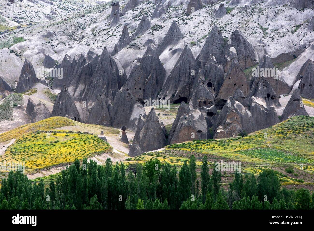 Feenkamine bilden einen Teil der lunaren Landschaft, in der Teile des ursprünglichen Star Wars-Films bei Selime in der Türkei gedreht werden sollten. Stockfoto