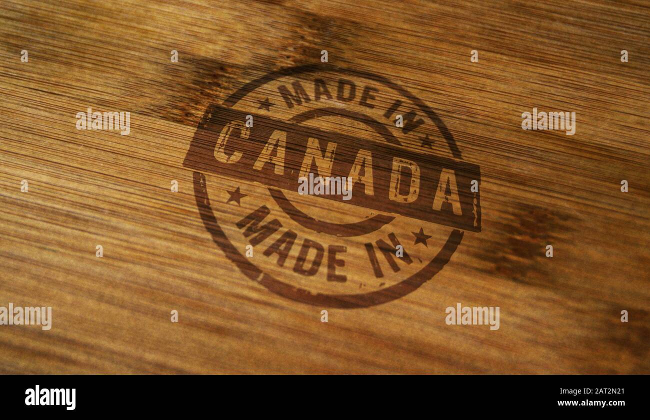 In Kanada angefertigter Stempel auf Holzkiste. Werk-, Fertigungs- und Produktionsländerkonzept. Stockfoto