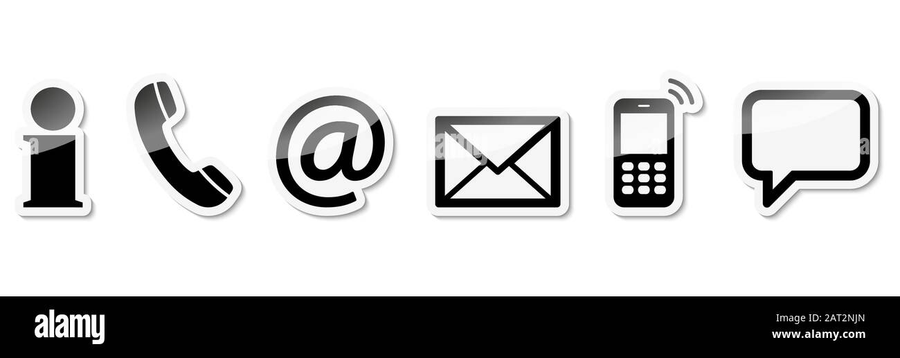 Kontaktieren Sie uns, Satz mit sechs schwarzen farbige Symbole mit weißen Rahmen und Schatten Stock Vektor