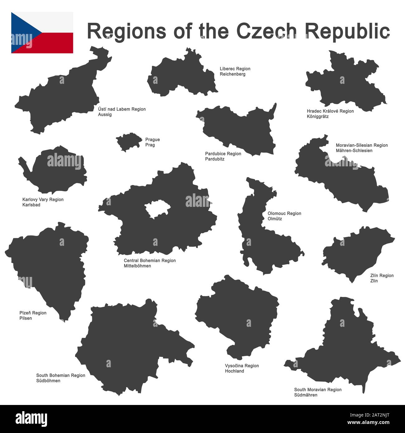 Europäische Land Tschechien und detaillierte Regionen Stock Vektor