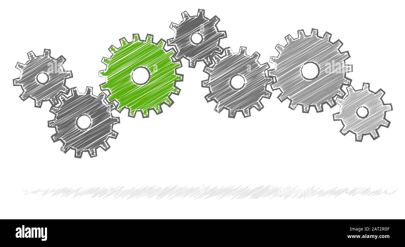 Grau scribble Zahnräder für eine Zusammenarbeit oder Teamarbeit Symbolik mit grünen Führer Stock Vektor