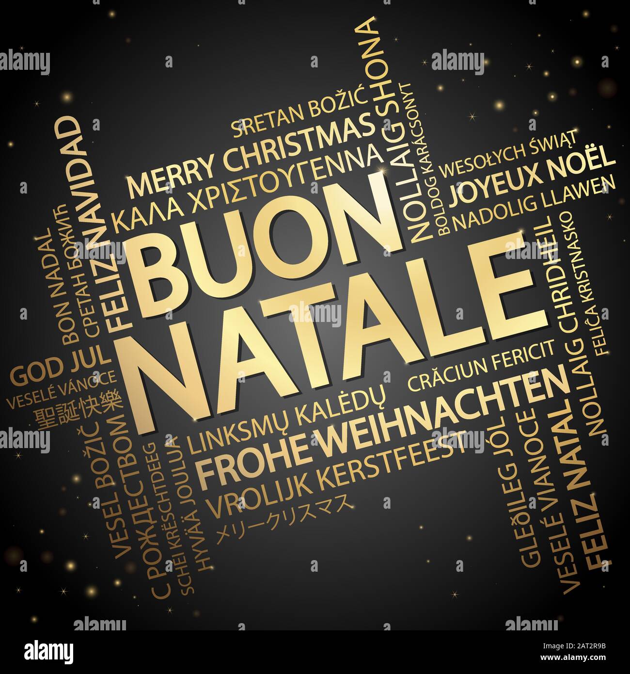 Wort Wolke mit Text Frohe Weihnachten in verschiedenen Sprachen, in der Mitte eine überdimensionale und Fett in Italienisch geschrieben Stock Vektor