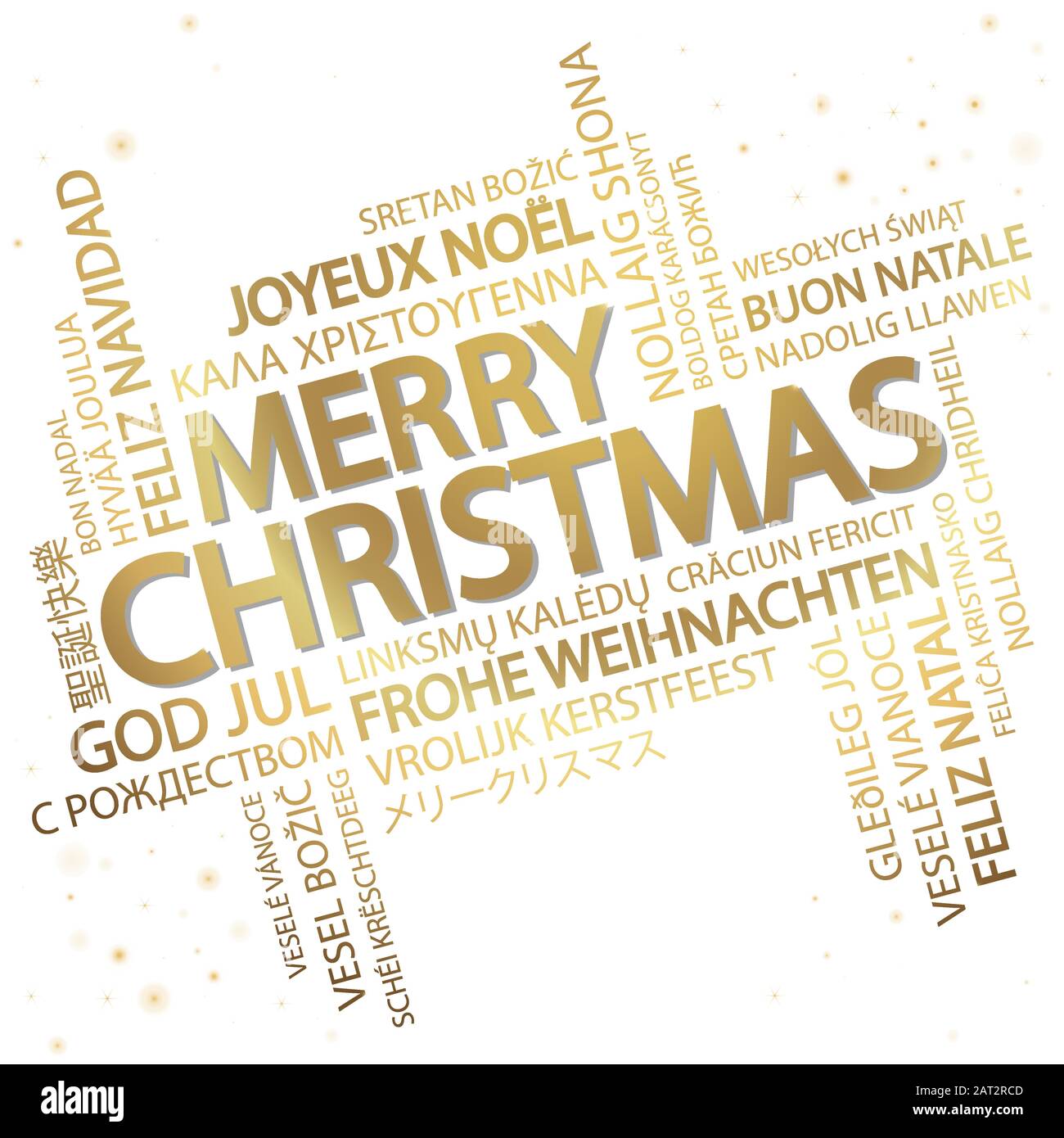 Wortwolke mit Text fröhliche Weihnachten in verschiedenen Sprachen, in der Mitte eine überdimensionale und mutige Schrift in Englisch Stock Vektor