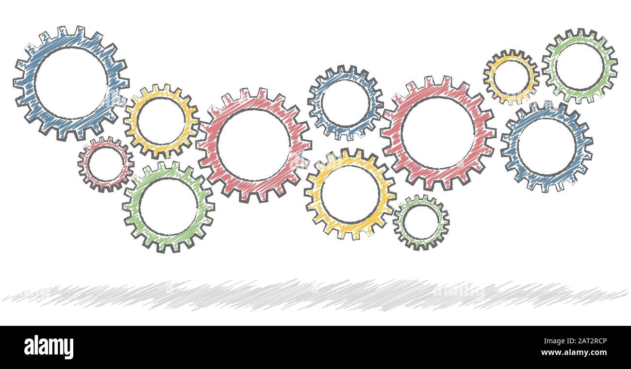 Farbige scribble Zahnräder für eine Zusammenarbeit oder Teamarbeit Symbolik Stock Vektor