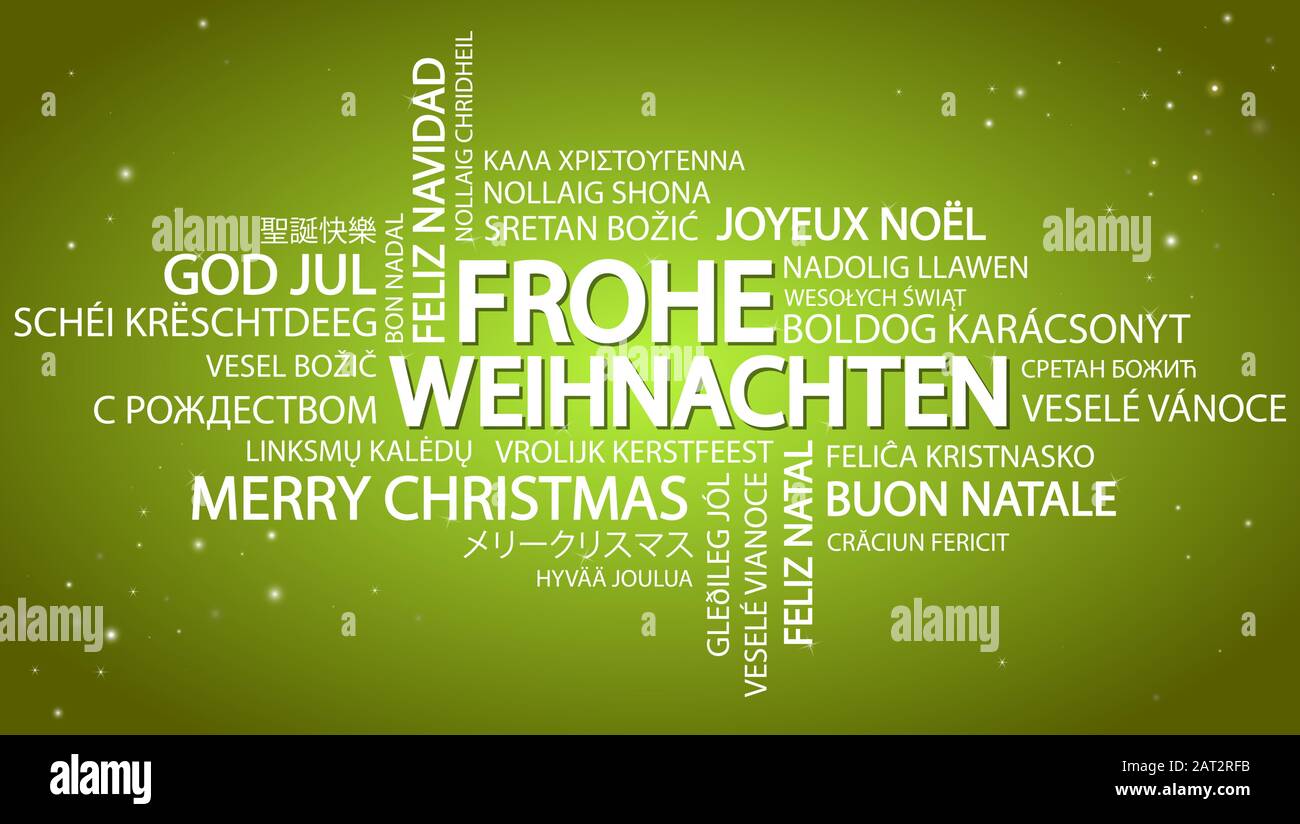 Wortwolke mit Text fröhliche Weihnachten in verschiedenen Sprachen, in der Mitte eine überdimensionale und mutige Schrift in deutscher Sprache Stock Vektor