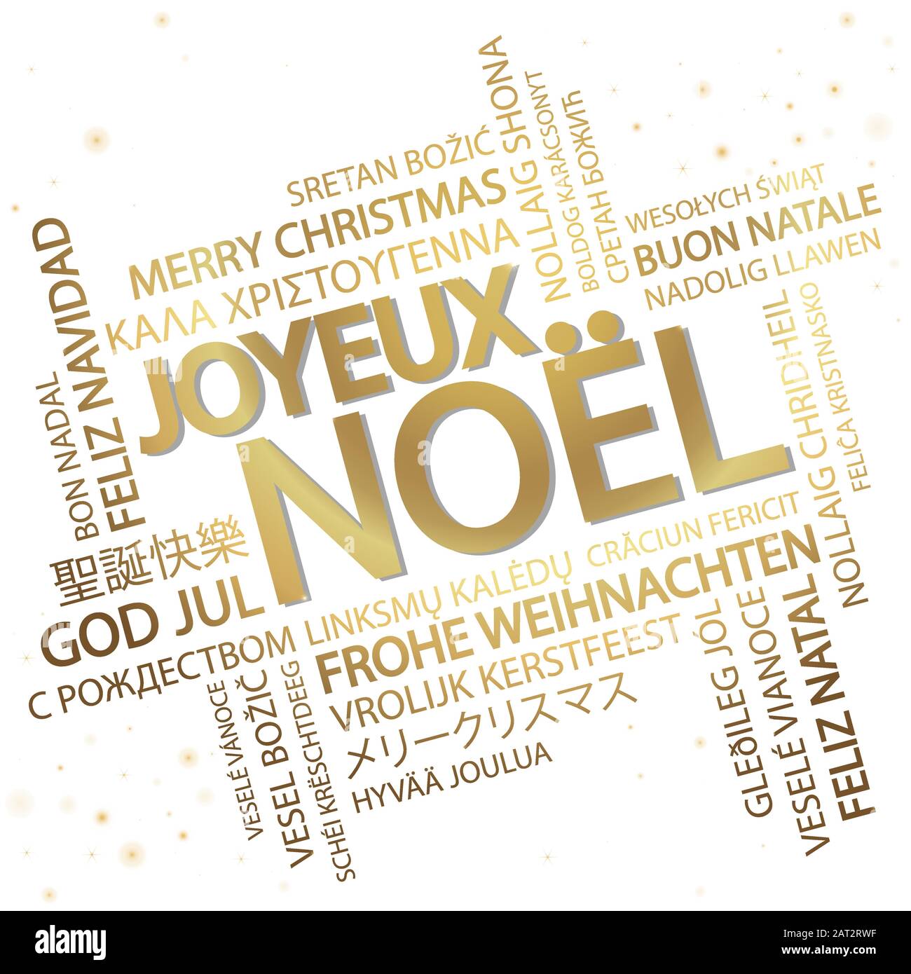 Wort Wolke mit Text Frohe Weihnachten in verschiedenen Sprachen, in der Mitte eine überdimensionale und Fett in Französisch Stock Vektor