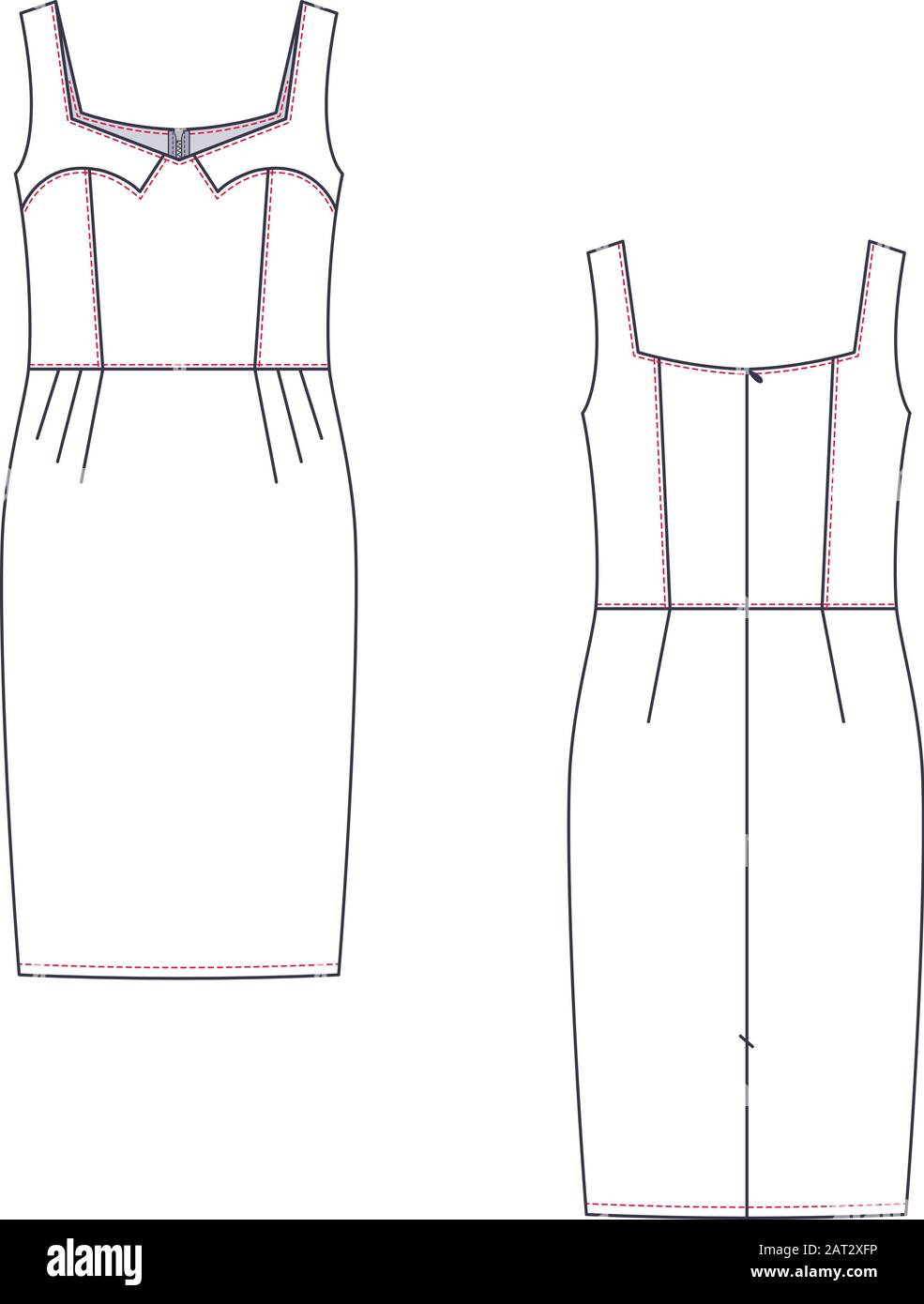 Technische Skizze der Vektormode von Frauen Mittelsundress. Stock Vektor