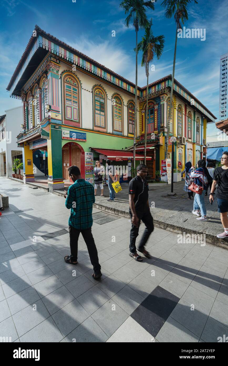 Singapur. Januar 2020. Bunte Häuser in Der Kleinen Nachbarschaft Indiens Stockfoto