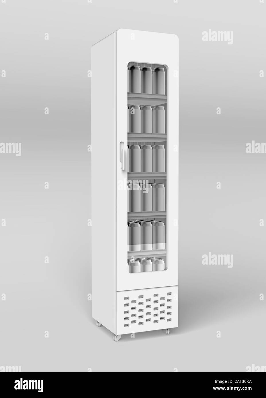 Kühlschrank mit Glastür und eisernen Dosen im Inneren verspotten. 3D-Rendering Stockfoto