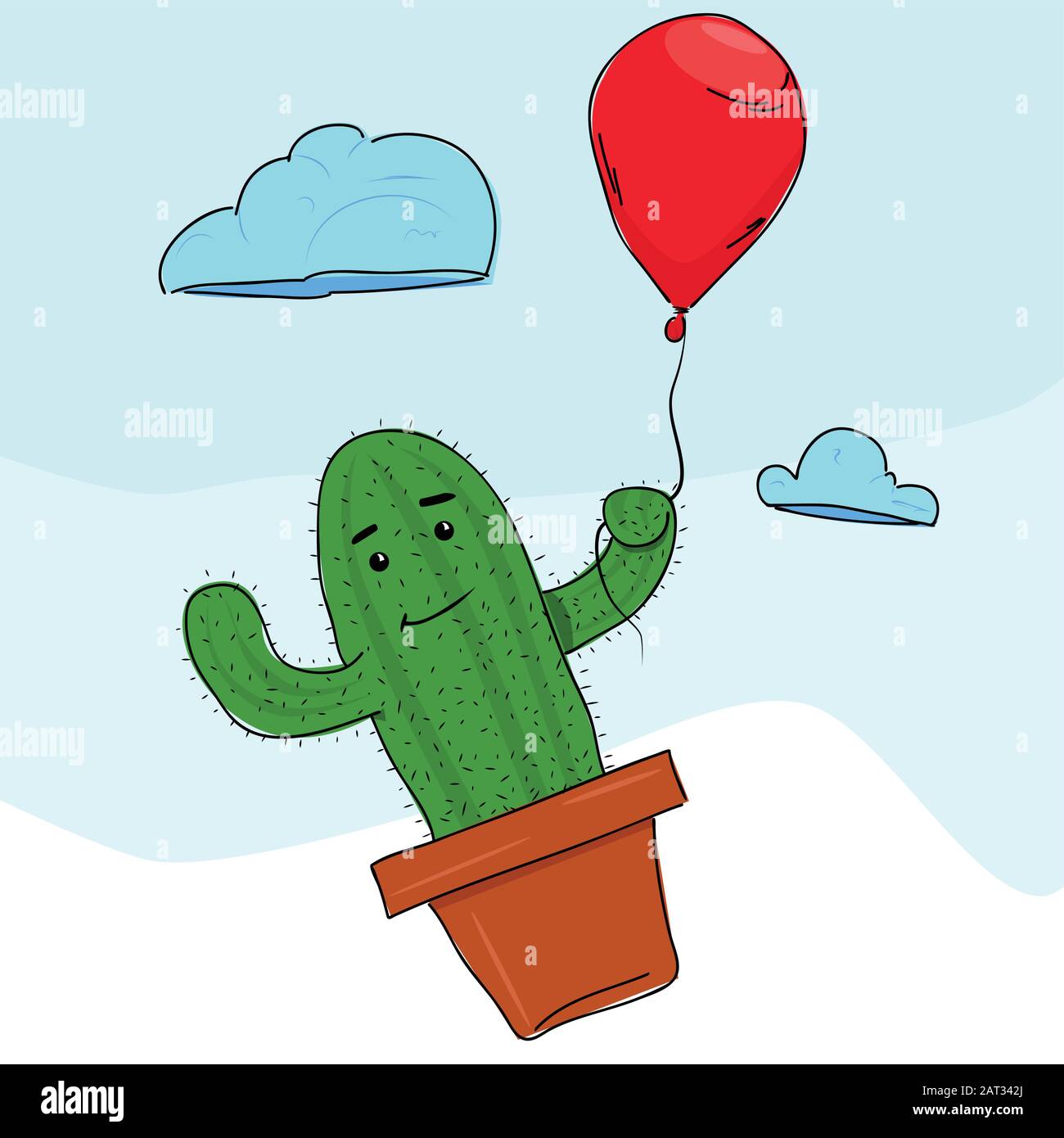 Kaktus in einem Blumentopf, der mit einem roten Ballon fliegt.  Vektor-Cartoon-Illustration Stock-Vektorgrafik - Alamy