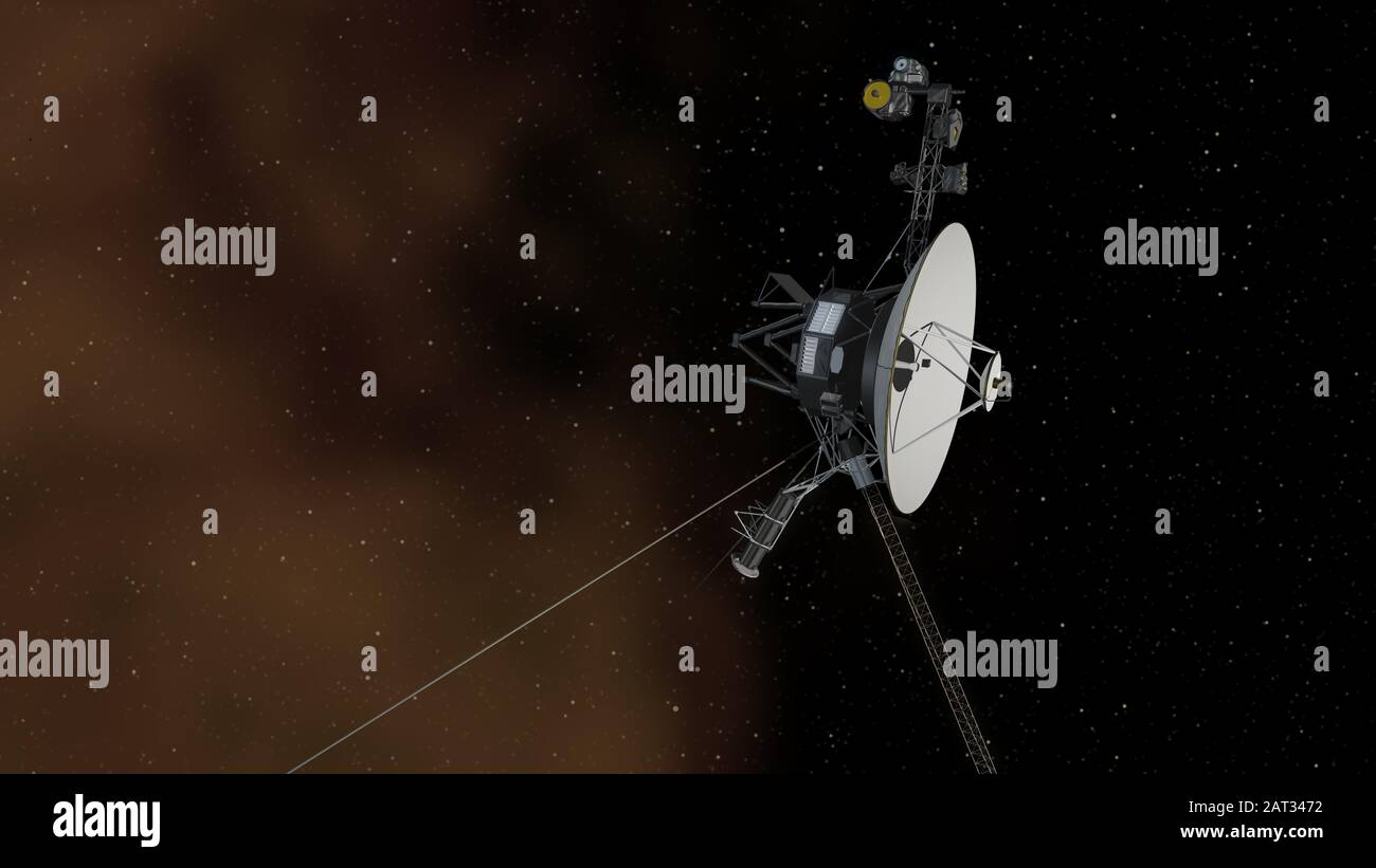 Das Konzept dieses Künstlers zeigt einen der Voyager-Raumschiffe der NASA, die in den interstellaren Raum eindringen, oder den Raum zwischen Sternen. Der interstellare Raum dominiert Stockfoto