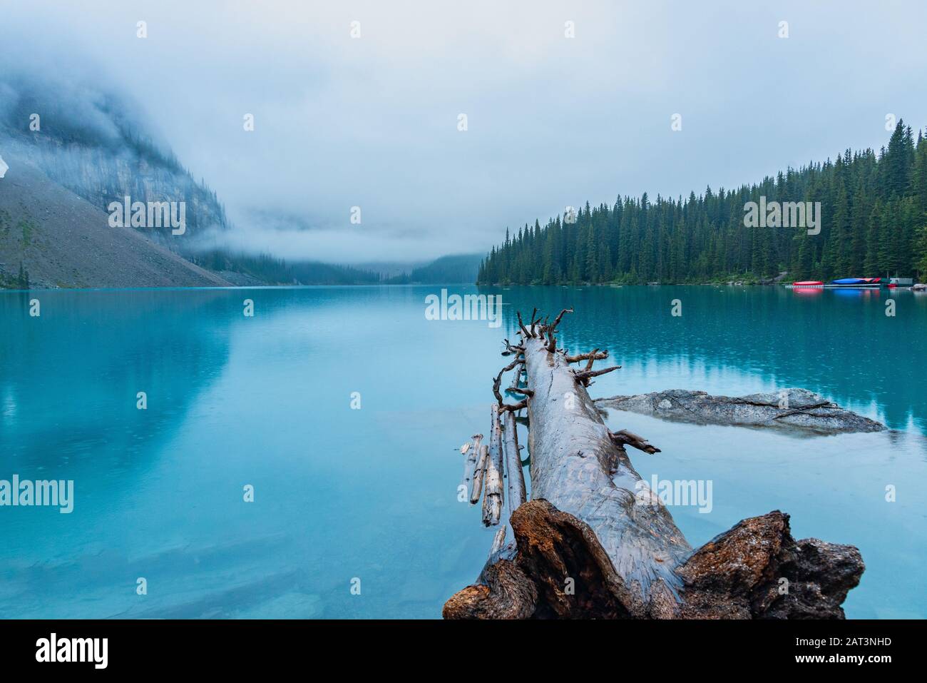 Melden Sie sich in Moraine Lake, Banff, Alberta, Kanada an Stockfoto