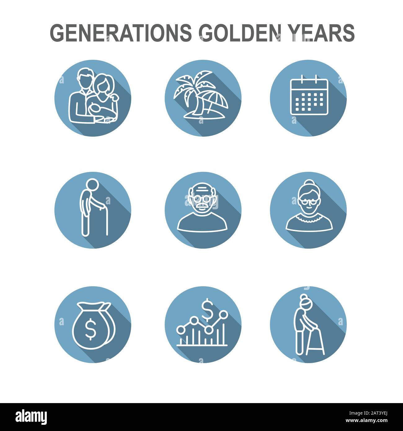 Generationen: Die goldenen Jahre Icon Set mit Ruhestand Kalender, Geld, etc. Stock Vektor