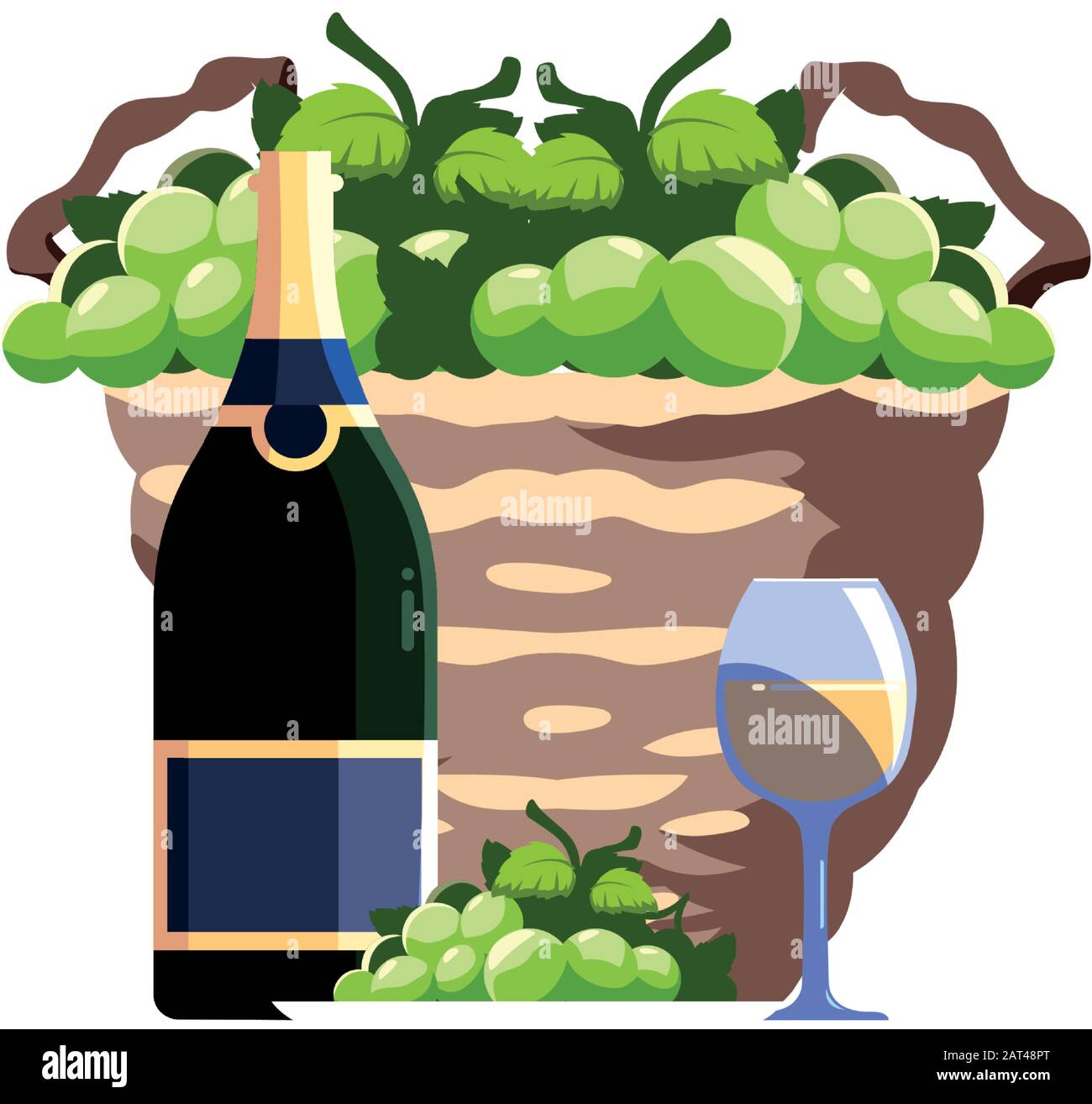 Flasche und Glas Wein mit Trauben im Korbvektor-Illustrationsdesign Stock Vektor