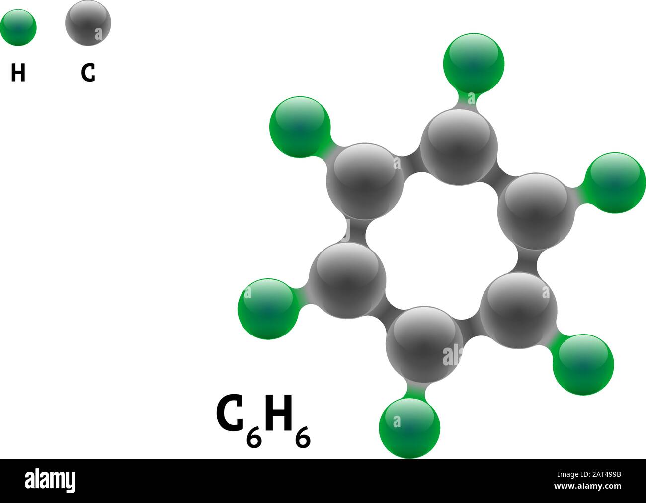 Chemie-Modell Molekül Benzol C6H6 wissenschaftliche Element Formel. Integrierte Partikel natürliche anorganische 3d-Benzol-Molekülstrukturverbindung. Sechs Kohlenstoff und Wasserstoff Volumen Atom Vektor eps Kugeln Stock Vektor