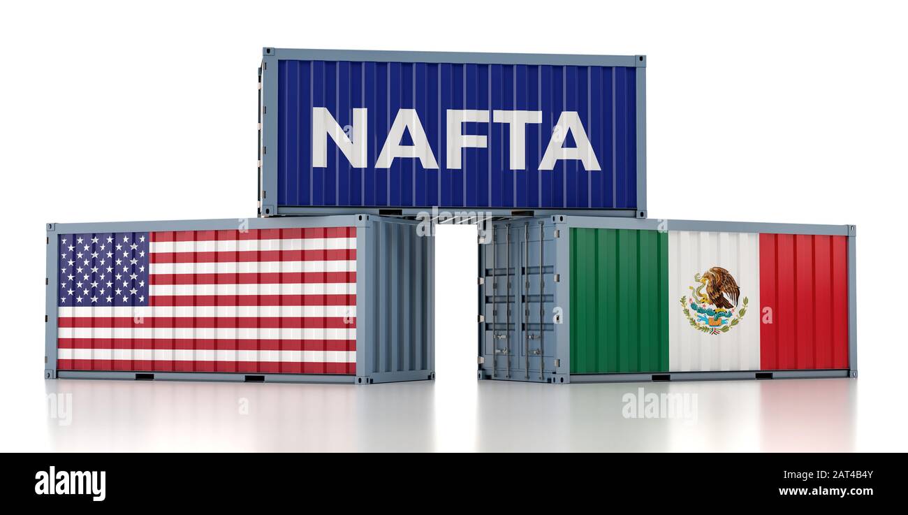 NAFTA - Frachtcontainer mit Nationalflaggen USA und Mexiko - 3D-Rendering Stockfoto