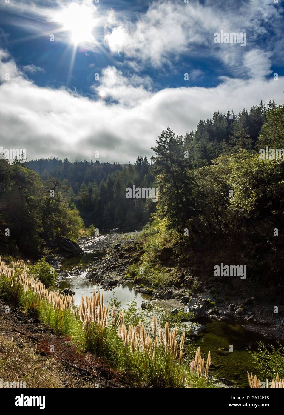 Die Sonne brennt durch die übergossene Schicht auf dem Highway 36 Northern California, USA Stockfoto