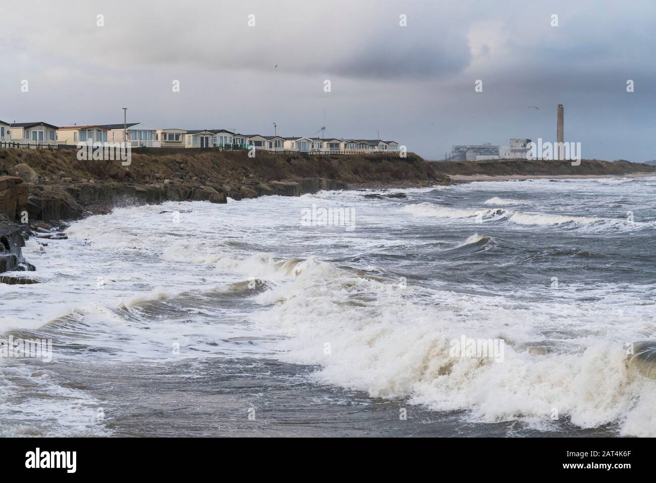 Newbiggin-by-the-SEA Caravan Park Lynemouth Power Station, Meerblick Stockfoto