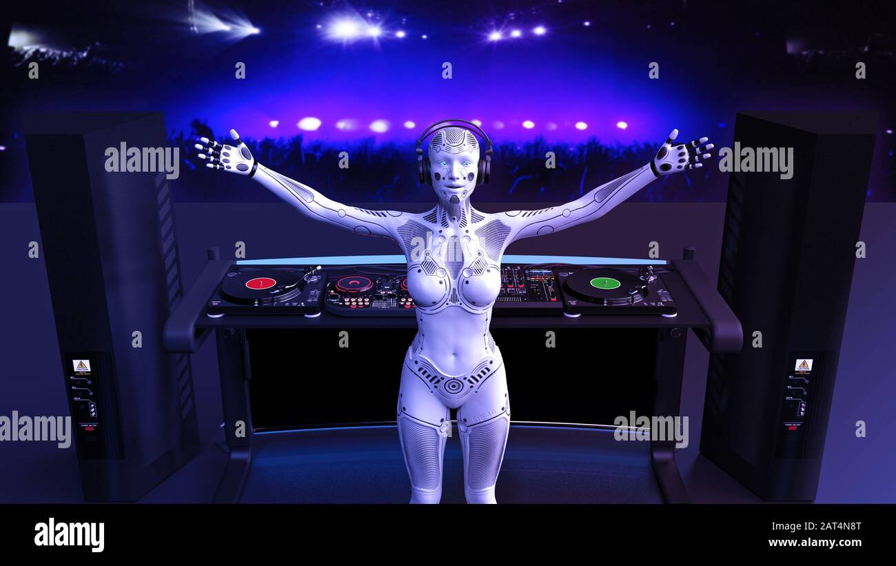 DJ android, Disc-Jockey-Roboter, der Musik auf Plattenspieler zeigt und wiedergibt, Cyborg auf der Bühne mit Deejay Audio-Ausrüstung, 3D-Rendering Stockfoto